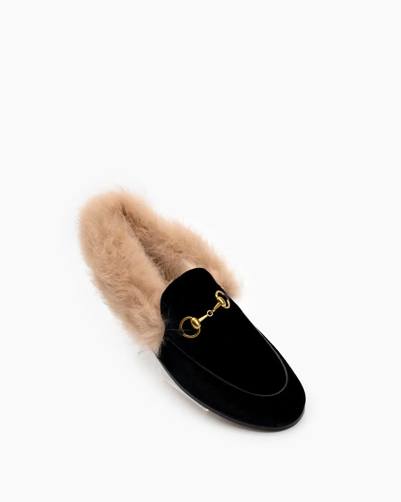 Classic Horsebit Velvet Fur Flat Loafers