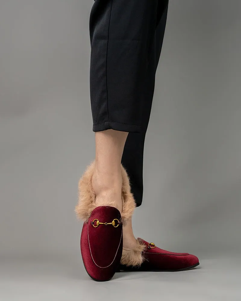 Classic Horsebit Velvet Fur Flat Loafers