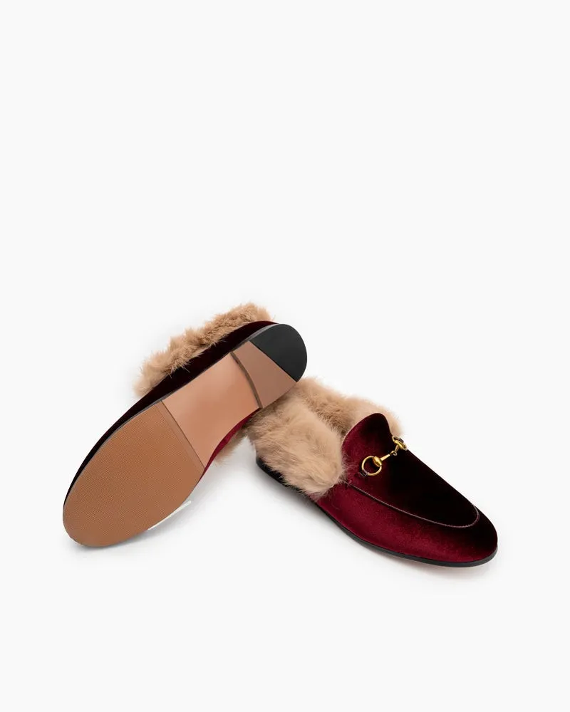 Classic Horsebit Velvet Fur Flat Loafers