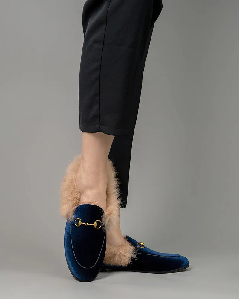 Classic Horsebit Velvet Fur Flat Loafers