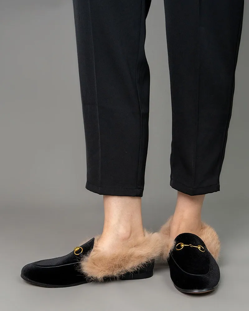 Classic Horsebit Velvet Fur Flat Loafers