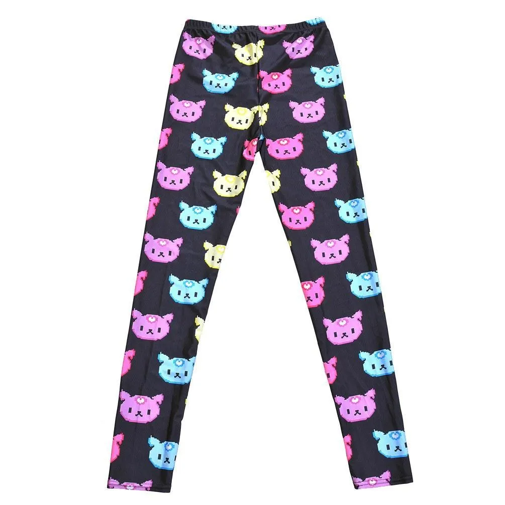 Colorful Kitty Cat Face All Over Collage Print Legging Pants for Women on Black