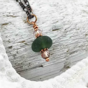 Deep Olive on Bronze Sea Glass Bubble Necklace | #1069