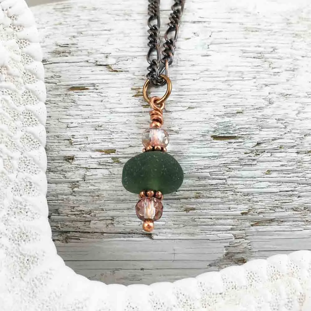 Deep Olive on Bronze Sea Glass Bubble Necklace | #1069