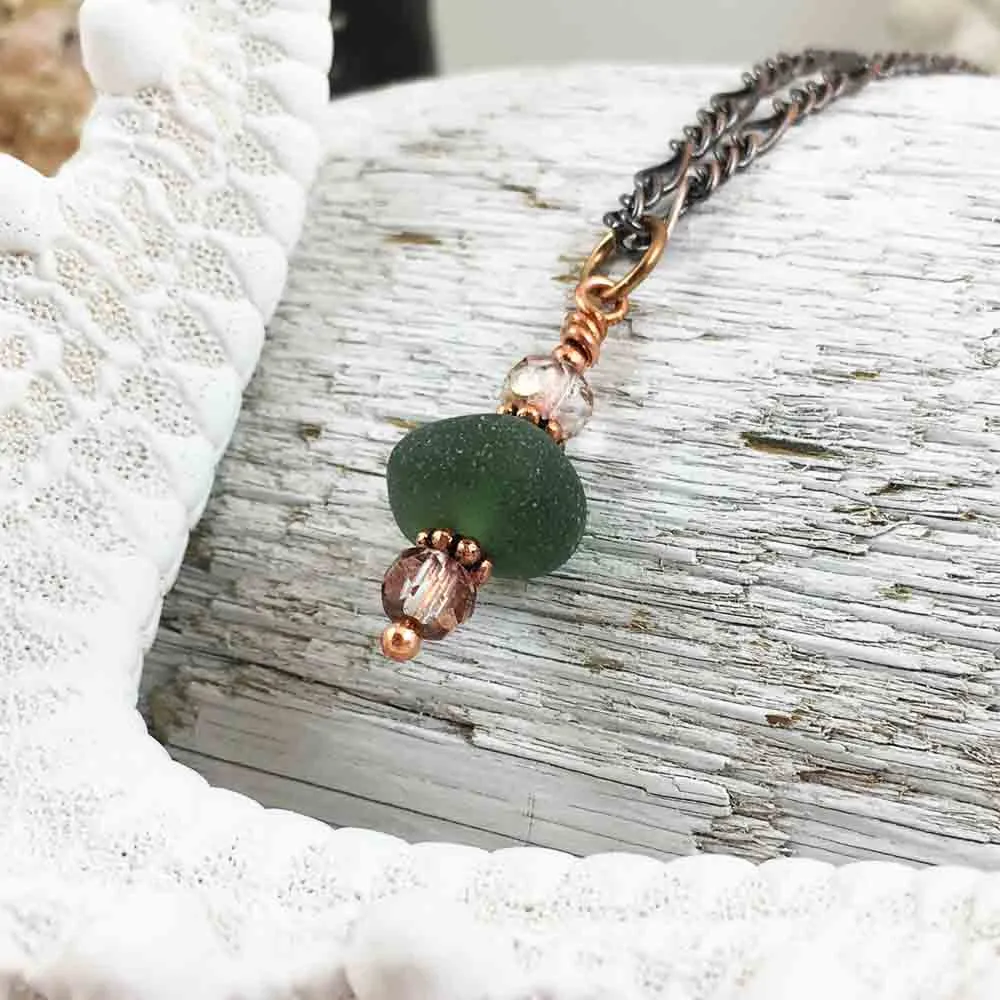 Deep Olive on Bronze Sea Glass Bubble Necklace | #1069