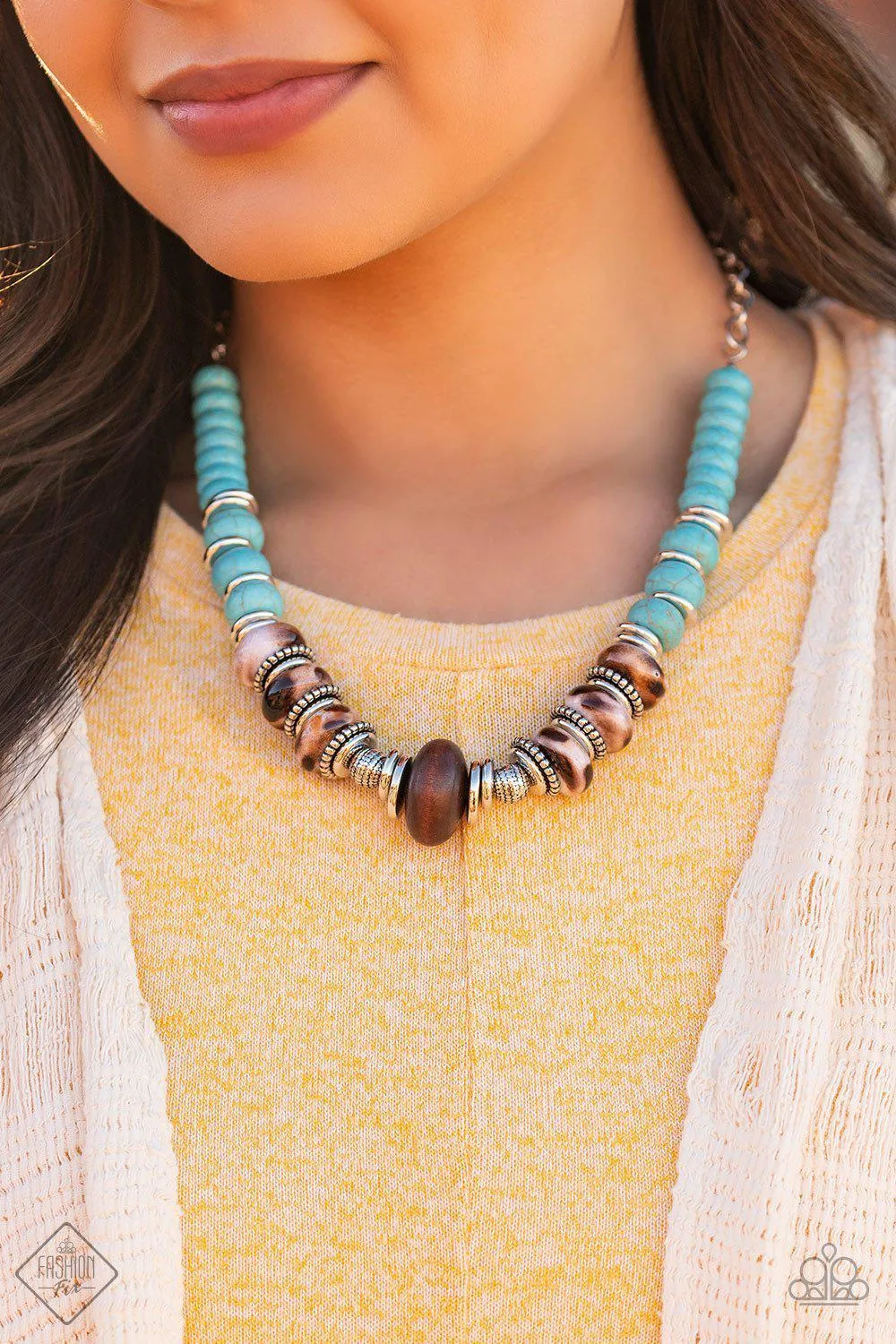 Desert Tranquility Turquoise Blue Stone, Ceramic and Wood Bead Necklace - Paparazzi Accessories