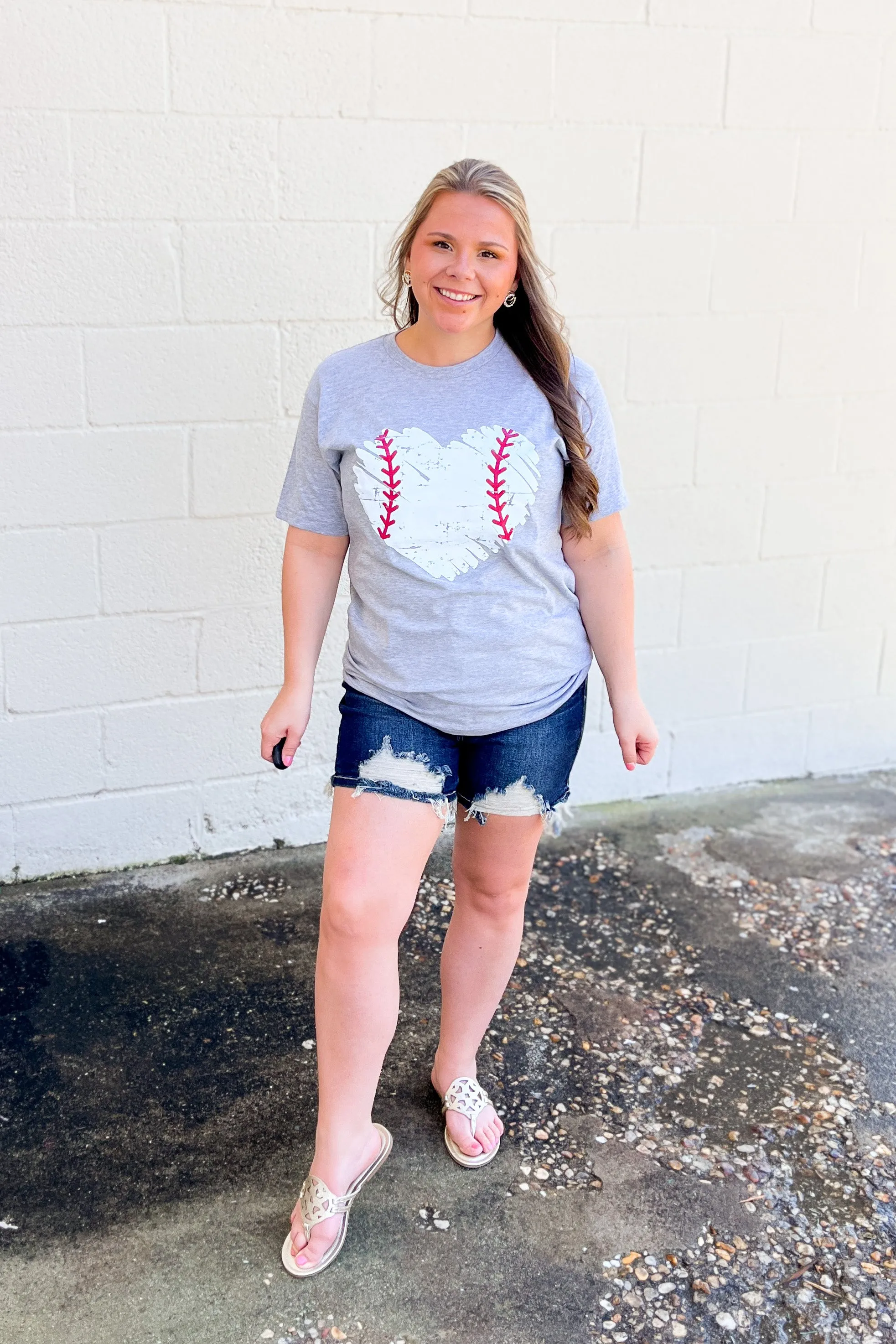 Distressed Baseball Heart Graphic Tee, Grey