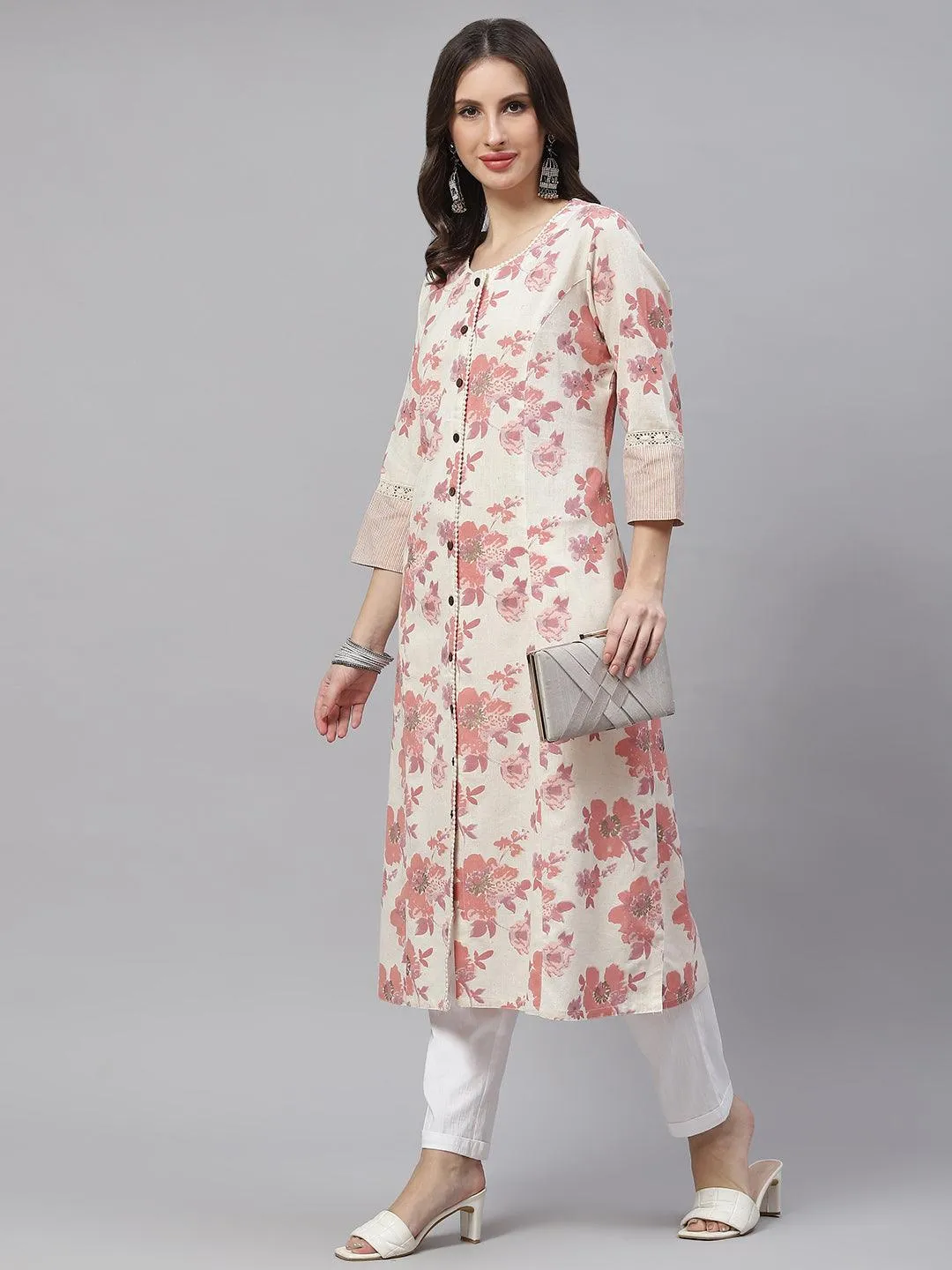 Divena Cream Floral cotton flex A-Line Kurta