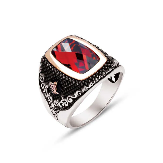 Facet Cut Red Zircon Stone Rectangular Silver Men’s Ring Siding Ottoman Tughra and Branch Pattern