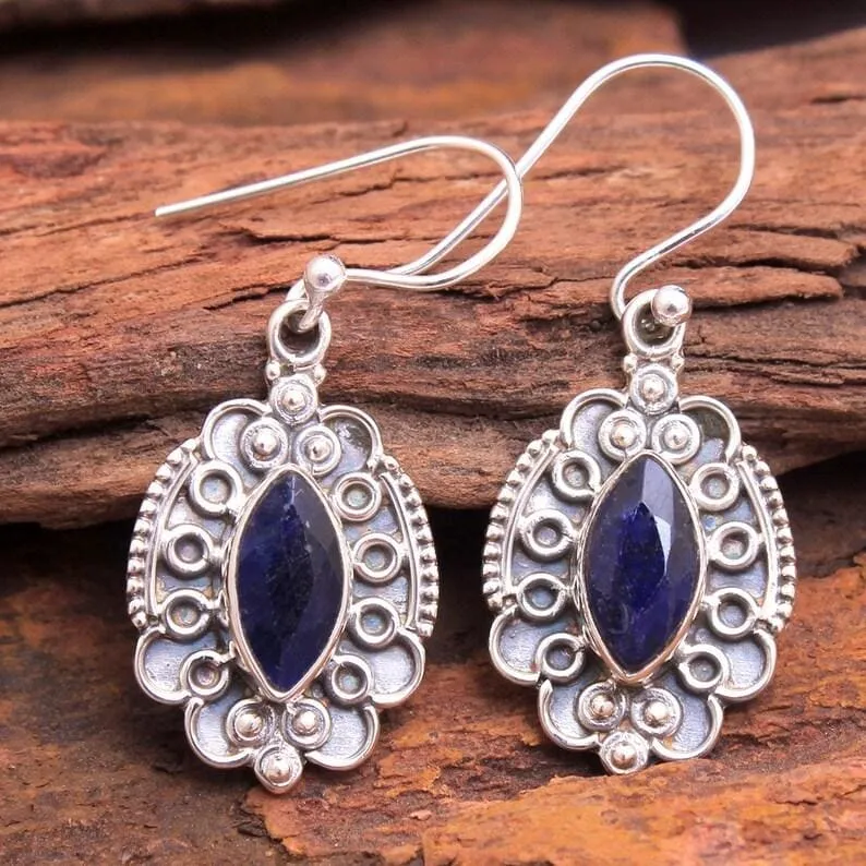 Faceted Blue Sapphire Marquise Gemstone 925 Sterling Silver Earrings, Handmade Designer Drop & Dangle Jewelry, For her