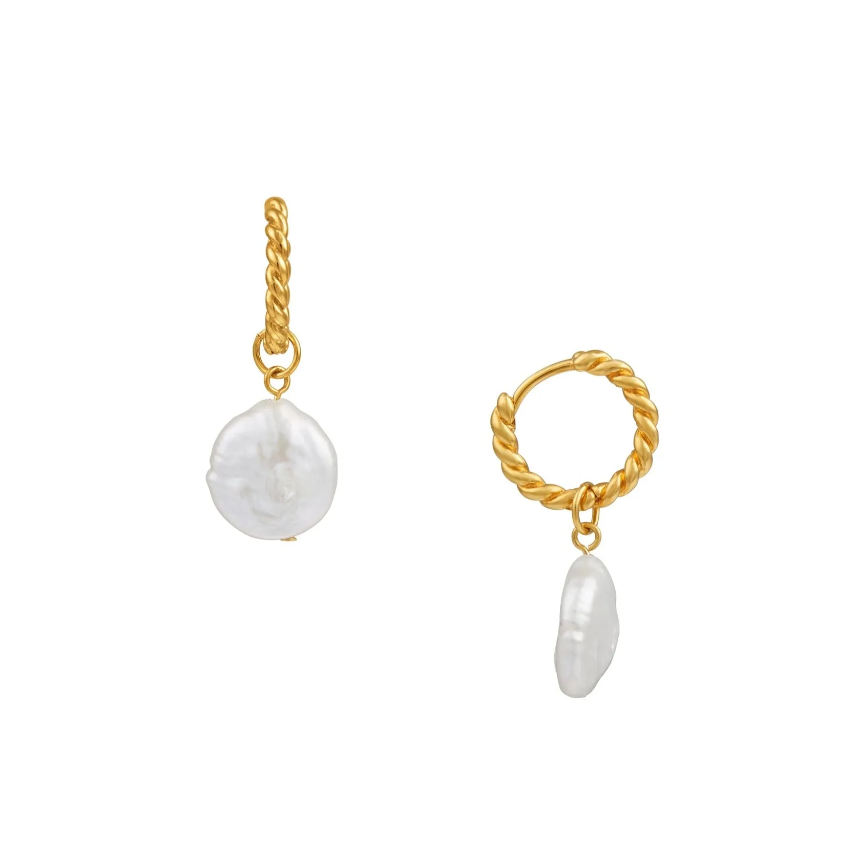 Flat Pearl & Rope Hoop Earrings - Gold