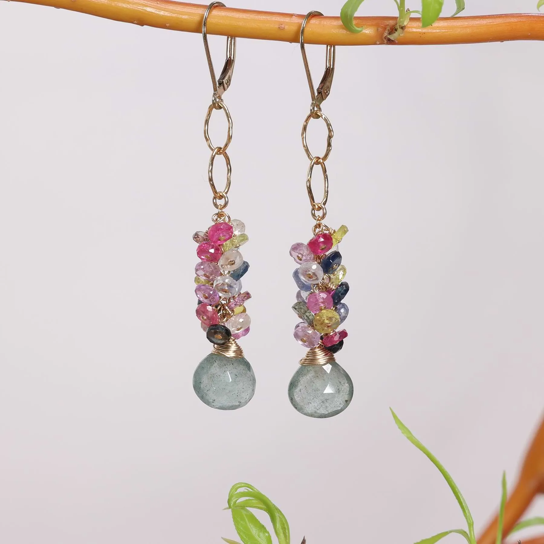 Flower Pot - Aquamarine and Multi Sapphire Gold Cluster Earrings