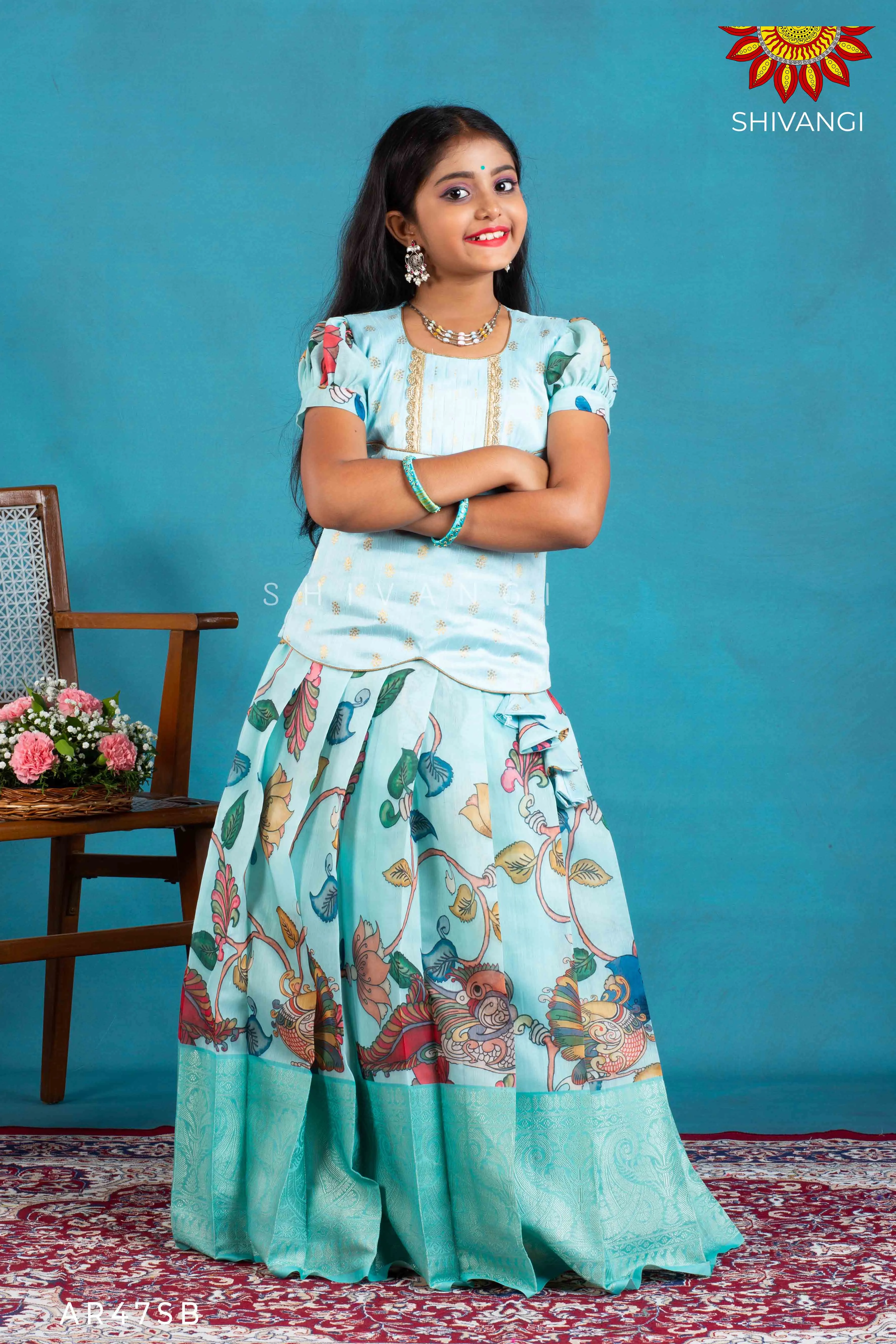 Girls Blue Cocktail Peacock Pattu Pavadai | Langa