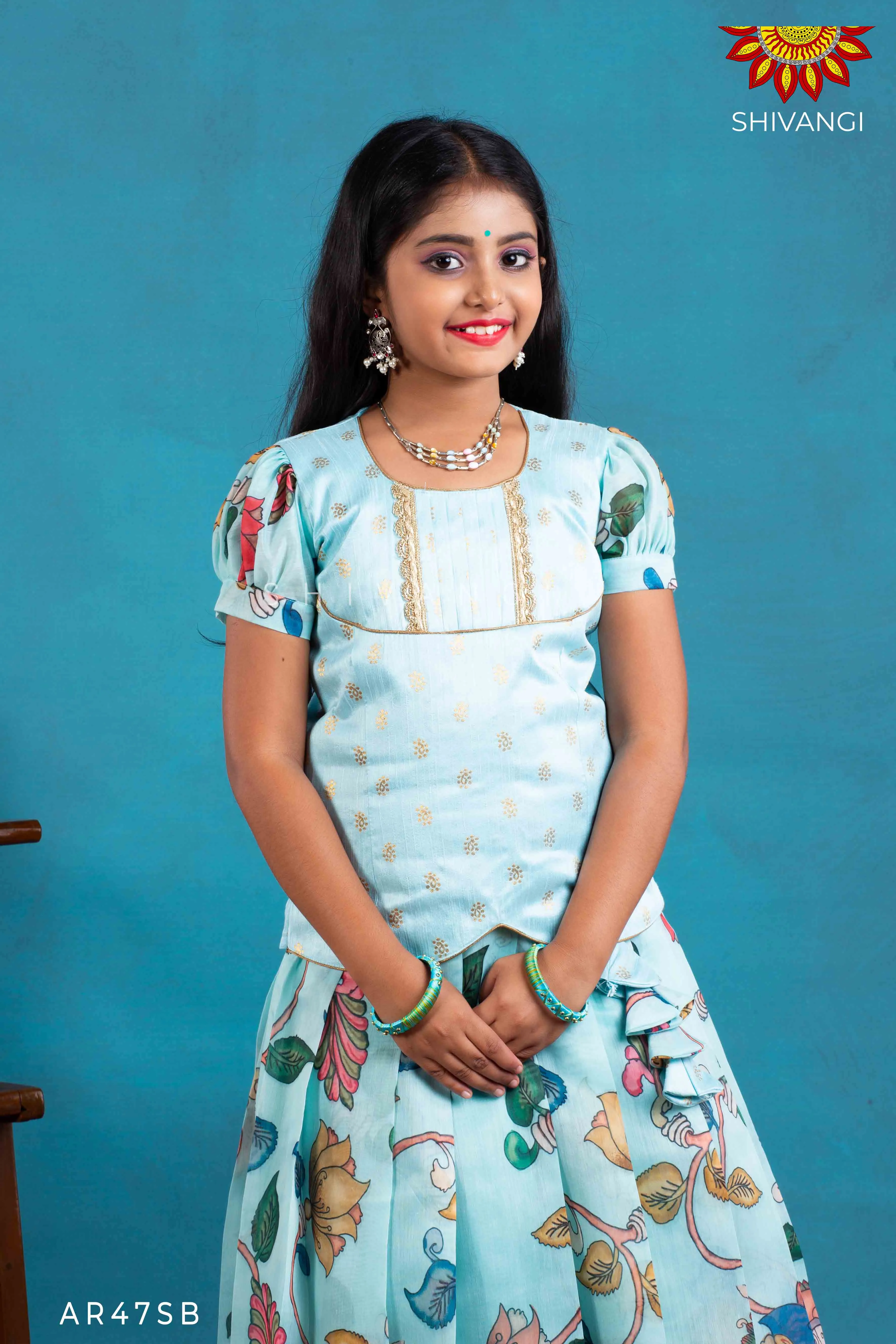 Girls Blue Cocktail Peacock Pattu Pavadai | Langa