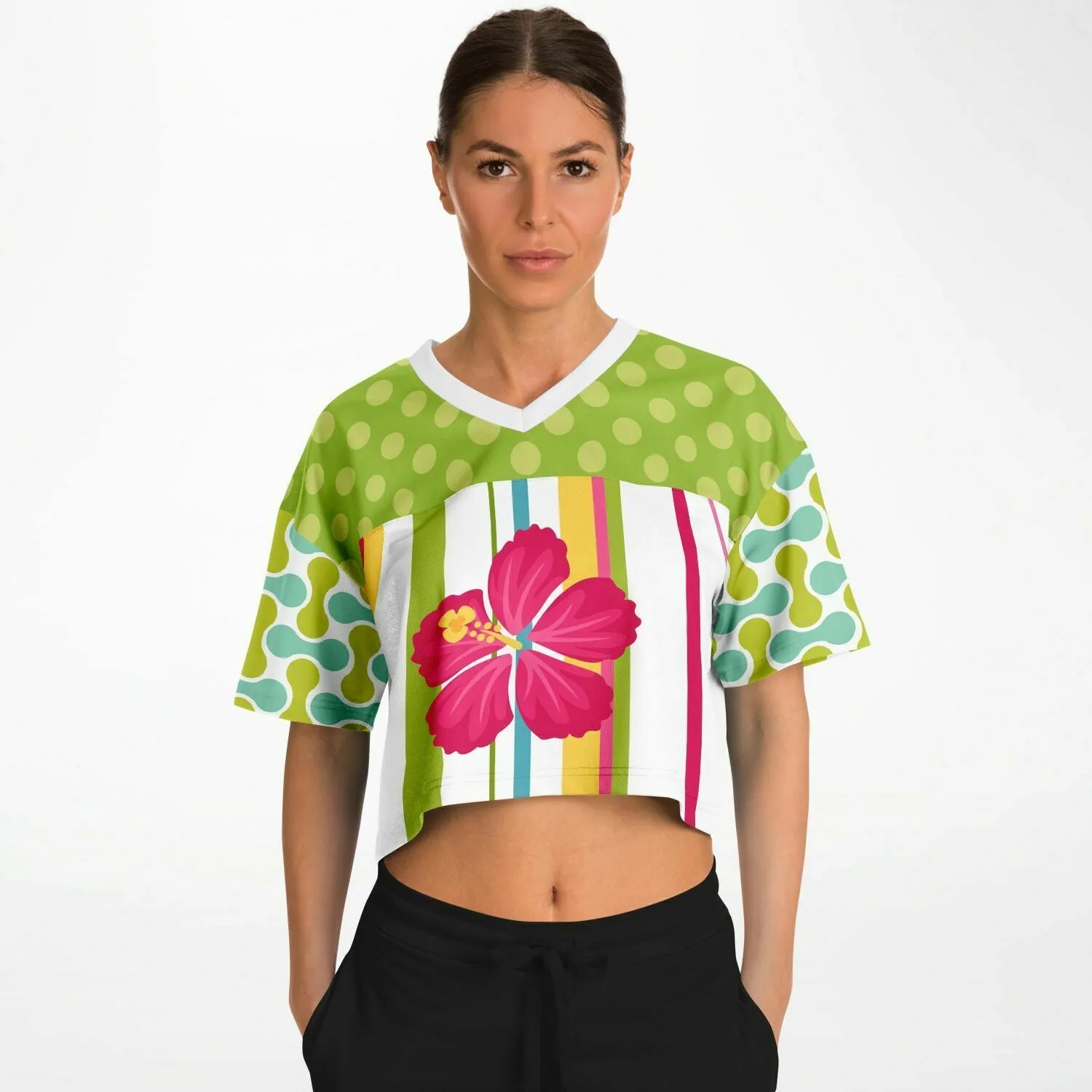 Green Anjou Pear Striped Floral Crop Jersey