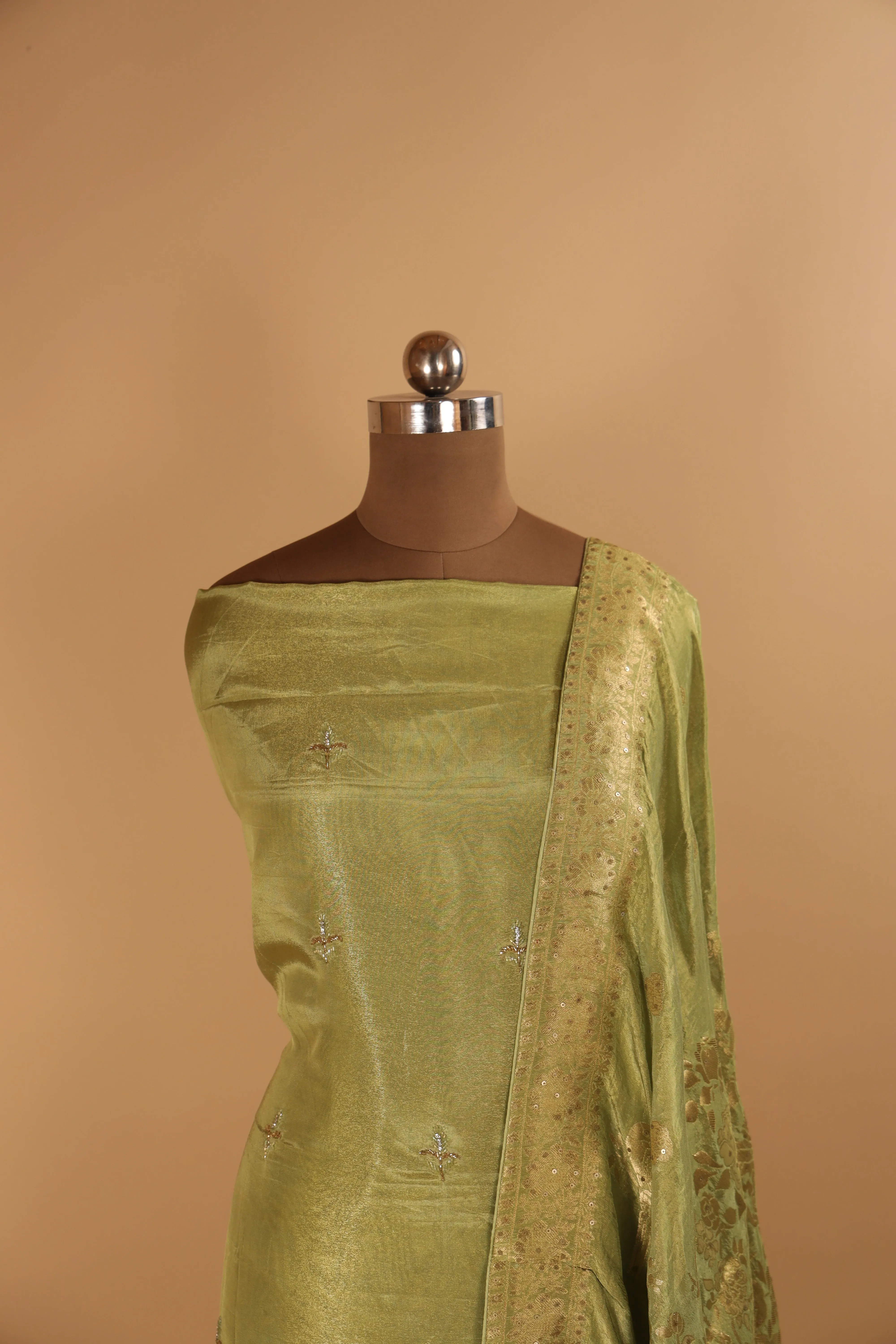 Hand embroidered green tissue georgette suit with banarasi dupatta