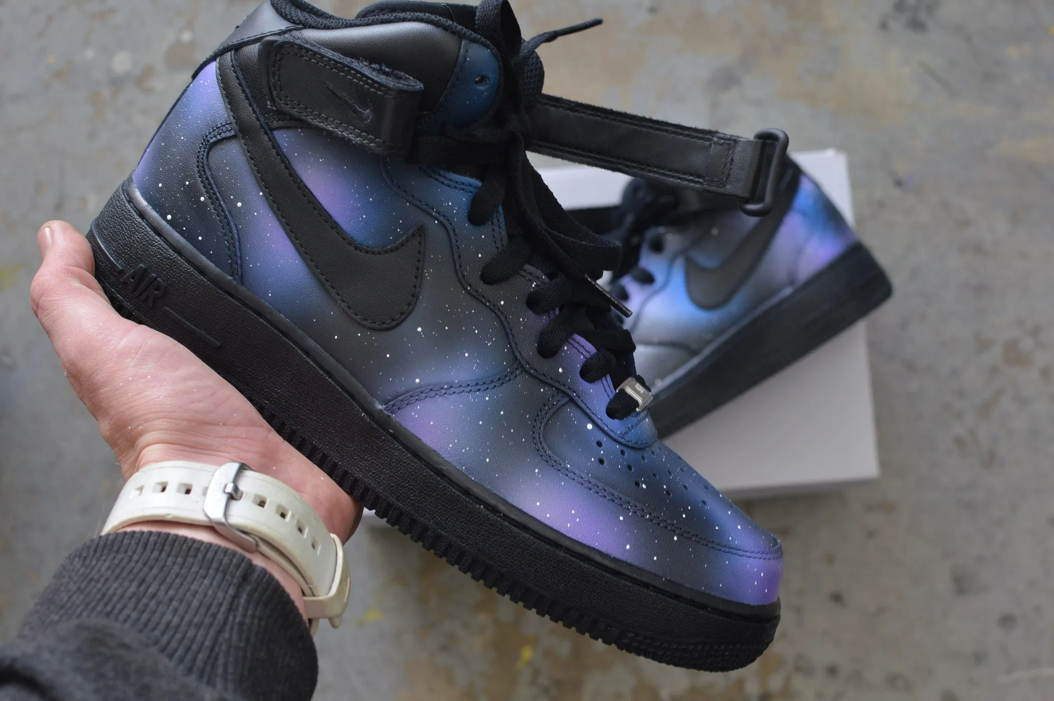 Hand Painted Nike AF1 Mid Galaxy Sneakers - Custom Galaxy Nike Air Force 1s