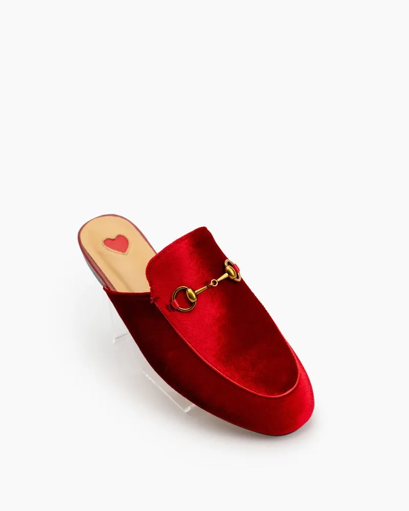 Heart Velvet Red Heart Slide Slip On Flat Mules