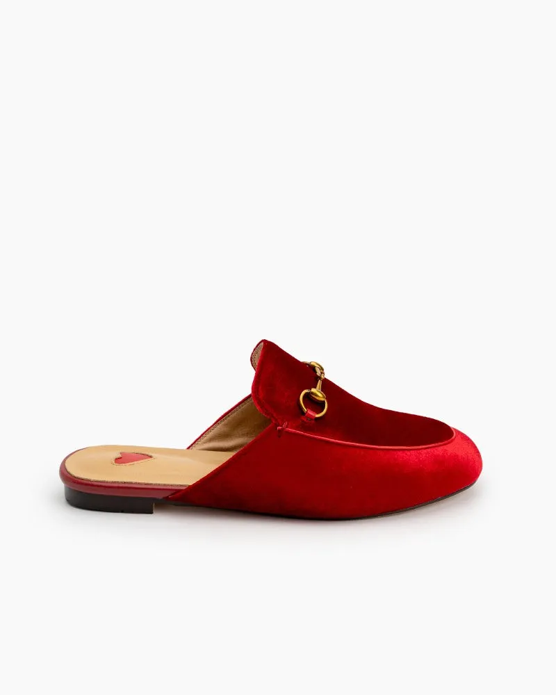 Heart Velvet Red Heart Slide Slip On Flat Mules