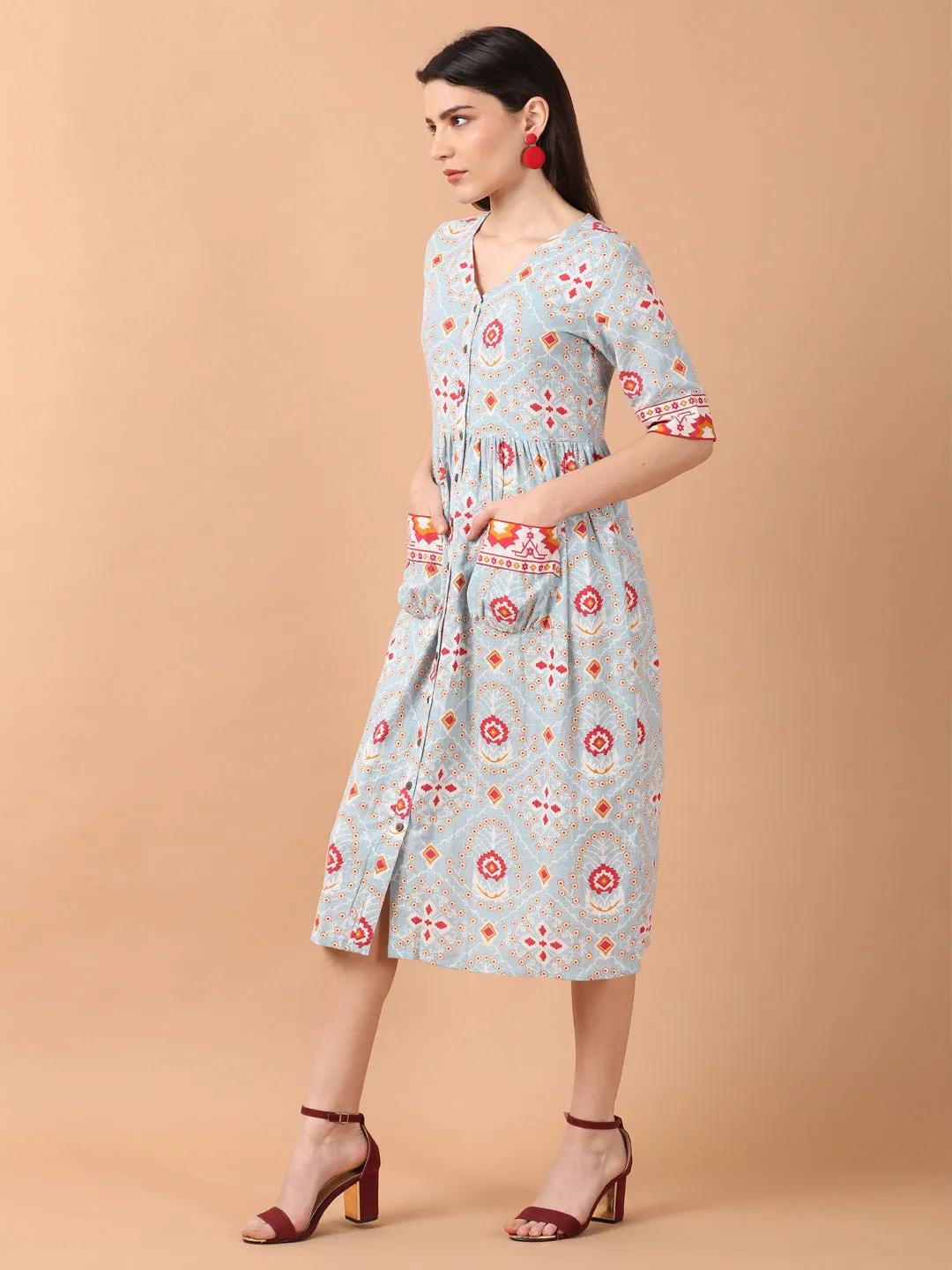 Light Blue Printed Front Open Dress With Patch Pockets