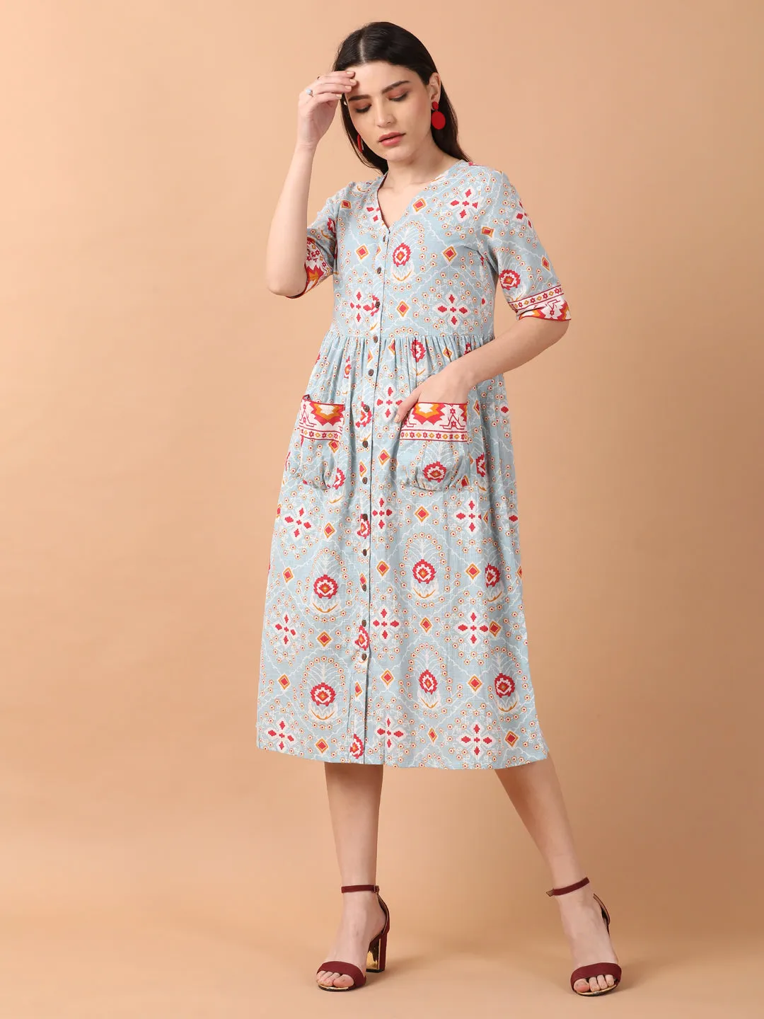 Light Blue Printed Front Open Dress With Patch Pockets