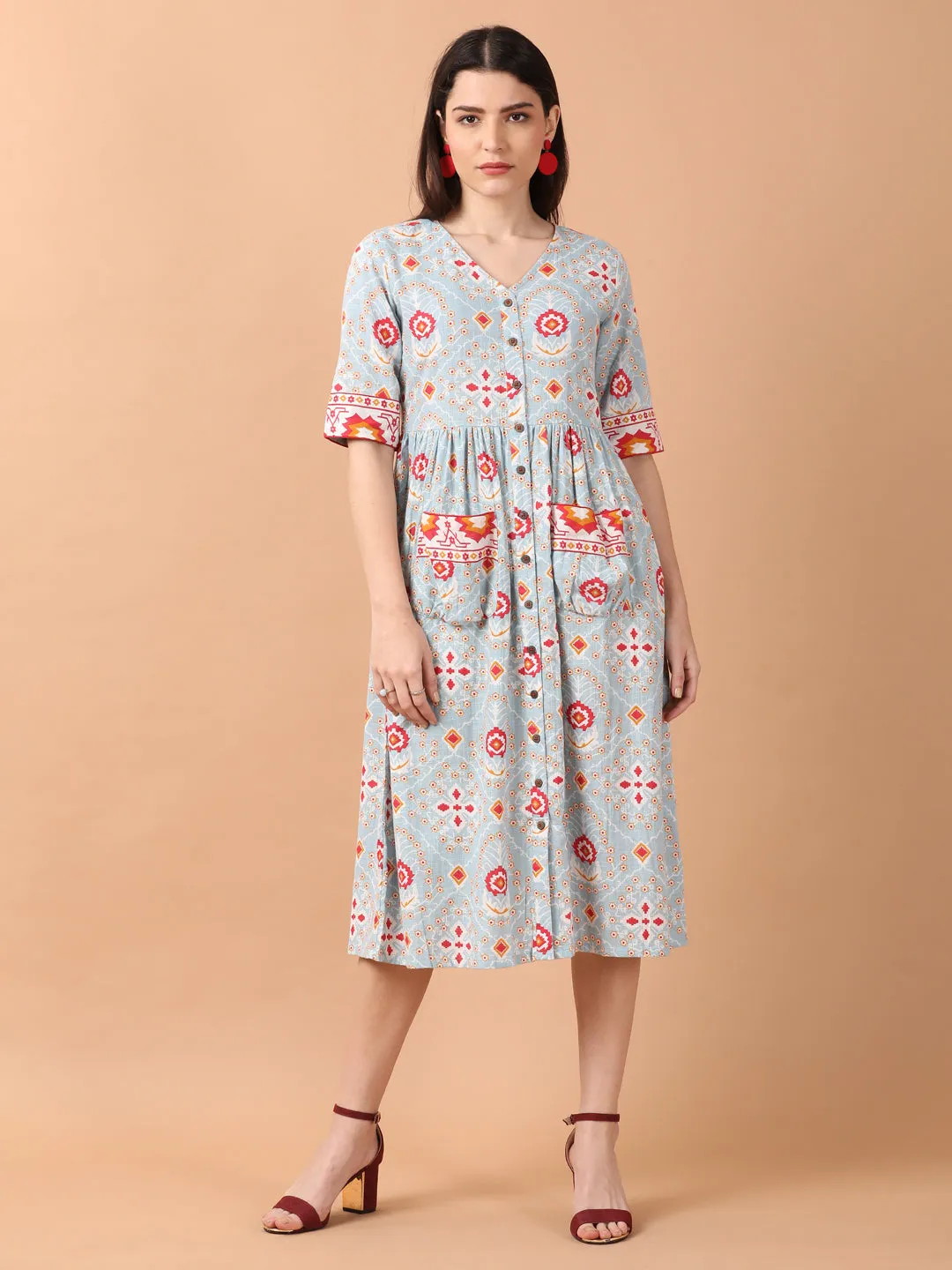 Light Blue Printed Front Open Dress With Patch Pockets