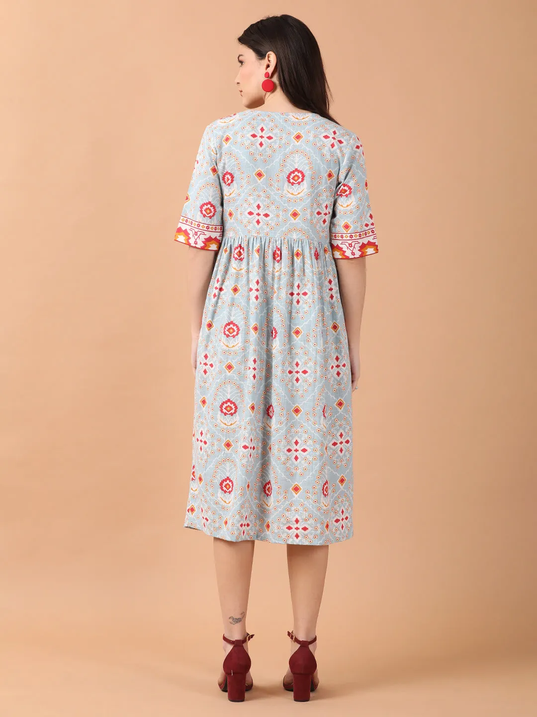 Light Blue Printed Front Open Dress With Patch Pockets