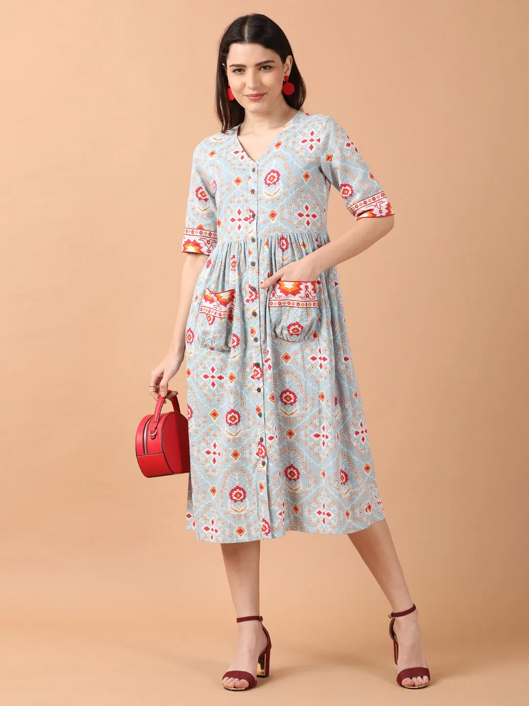 Light Blue Printed Front Open Dress With Patch Pockets