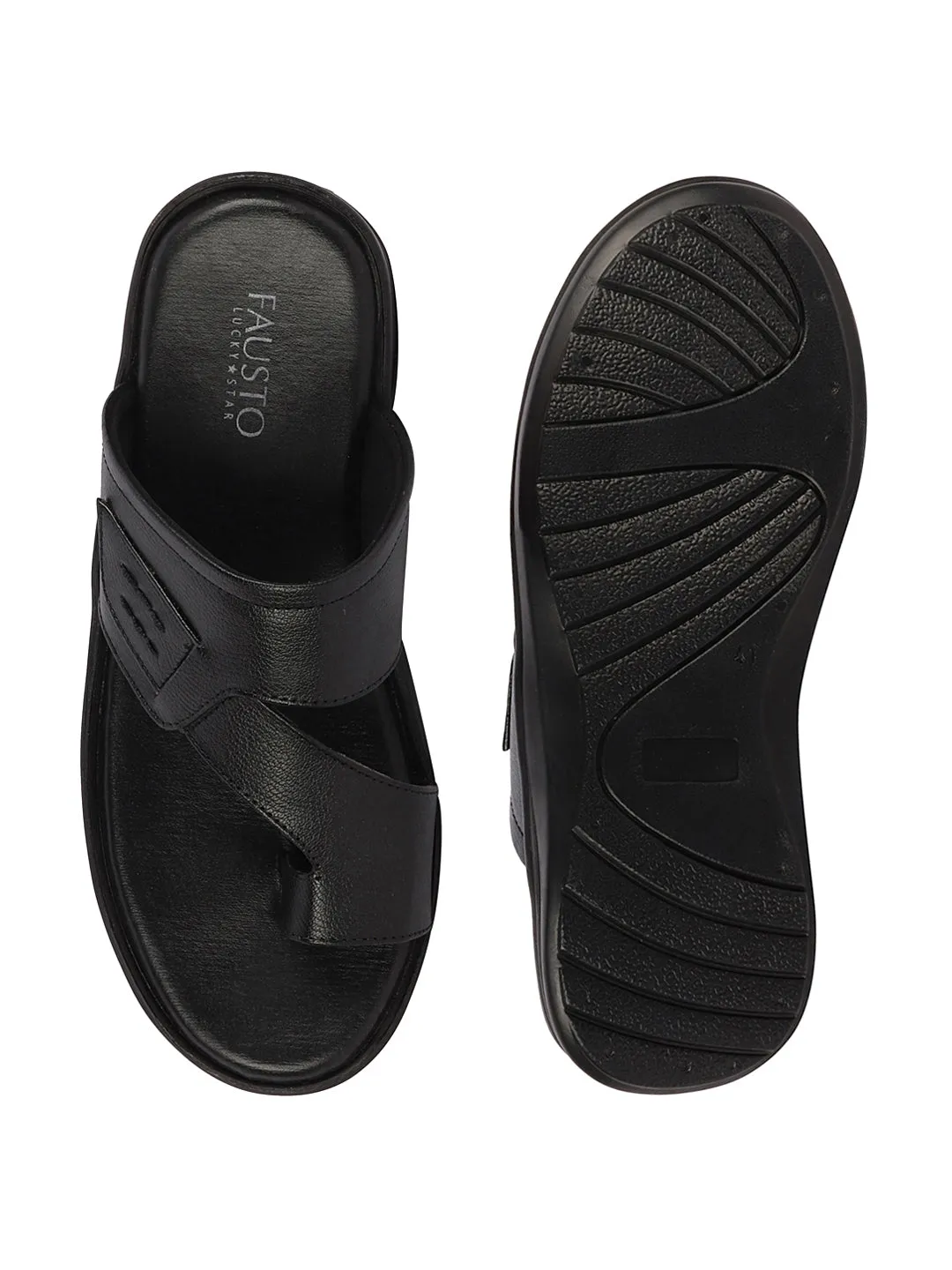 Men Black Daily Indoor Outdoor Multi Strap Slip On Toe Ring Slipper