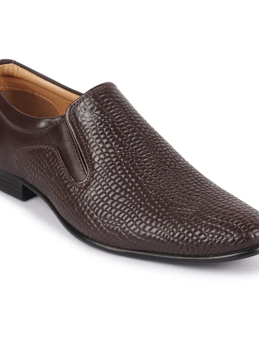 Men Brown Embossed Design Formal Leather Slip On Shoes