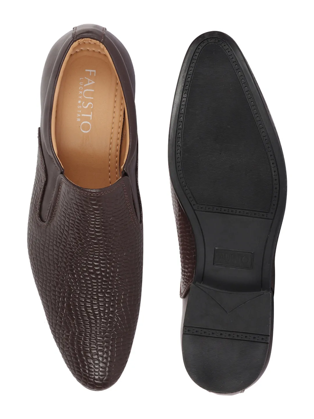 Men Brown Embossed Design Formal Leather Slip On Shoes