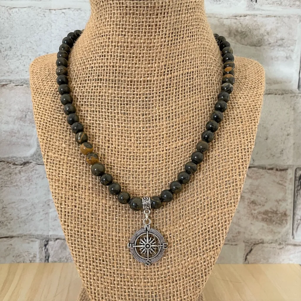 Mens Rhyolite Beaded Necklace with Silver Compass