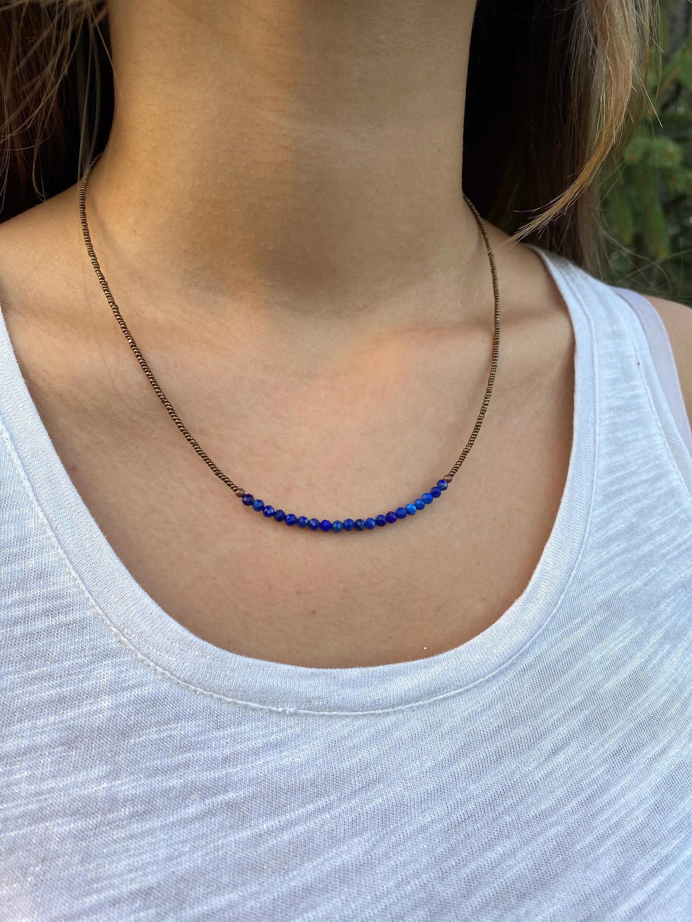 Minimalist Lapis Necklace, Lapis Layering Necklace, Lapis Lazuli Choker Necklace, Stacking Necklace, Tiny Beaded Necklace