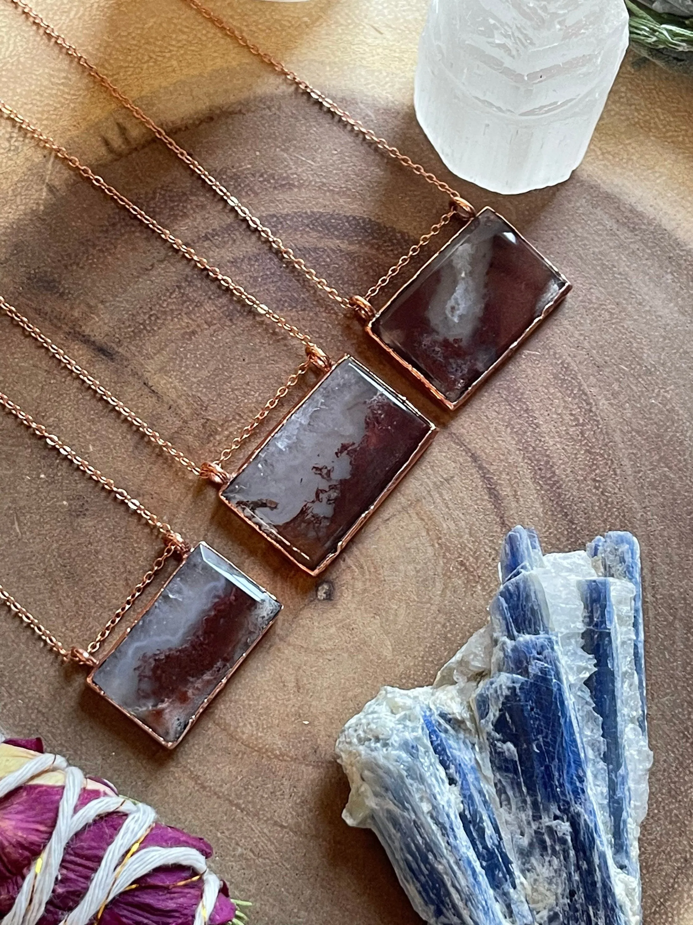 Moss agate rectangle necklace Electroformed copper jewelry