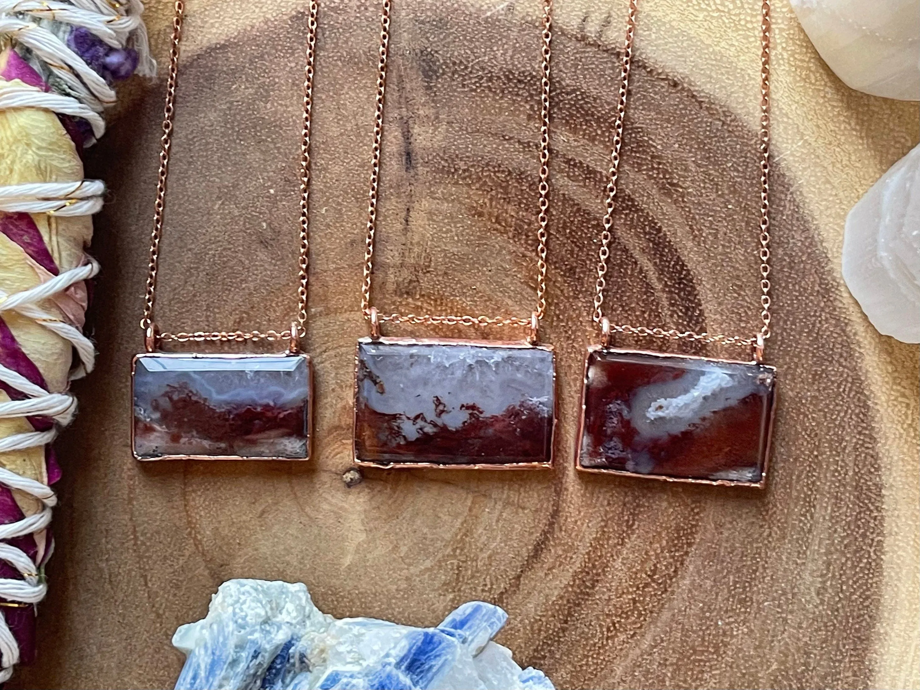 Moss agate rectangle necklace Electroformed copper jewelry