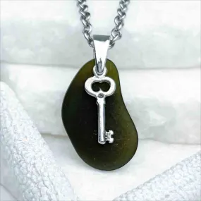 Olive Green Sea Glass Pendant with Sterling Silver Key Charm | 5269