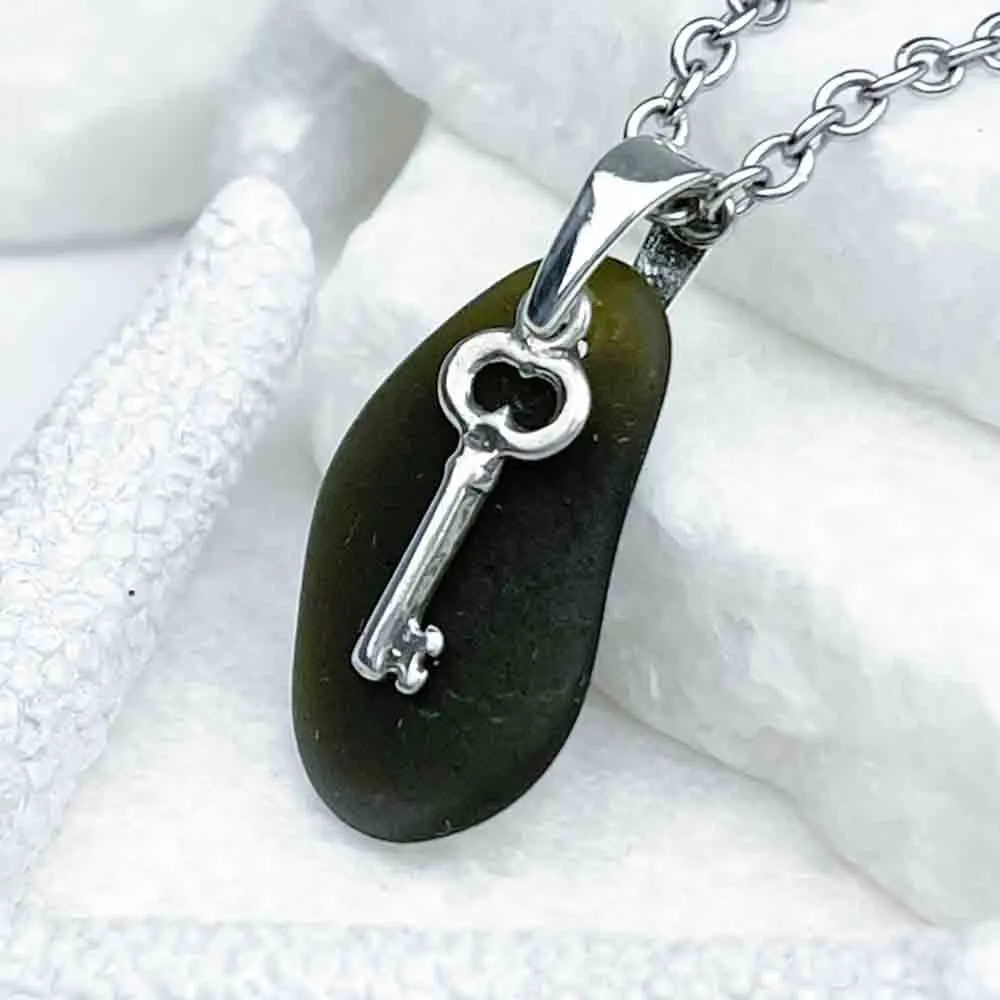 Olive Green Sea Glass Pendant with Sterling Silver Key Charm | 5269