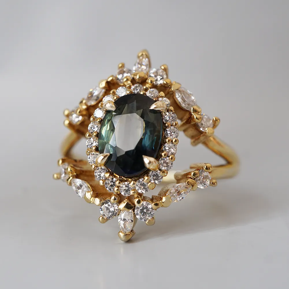 One Of A Kind: Teal Sapphire Ocean Diamond Ring in 14K and 18K Gold