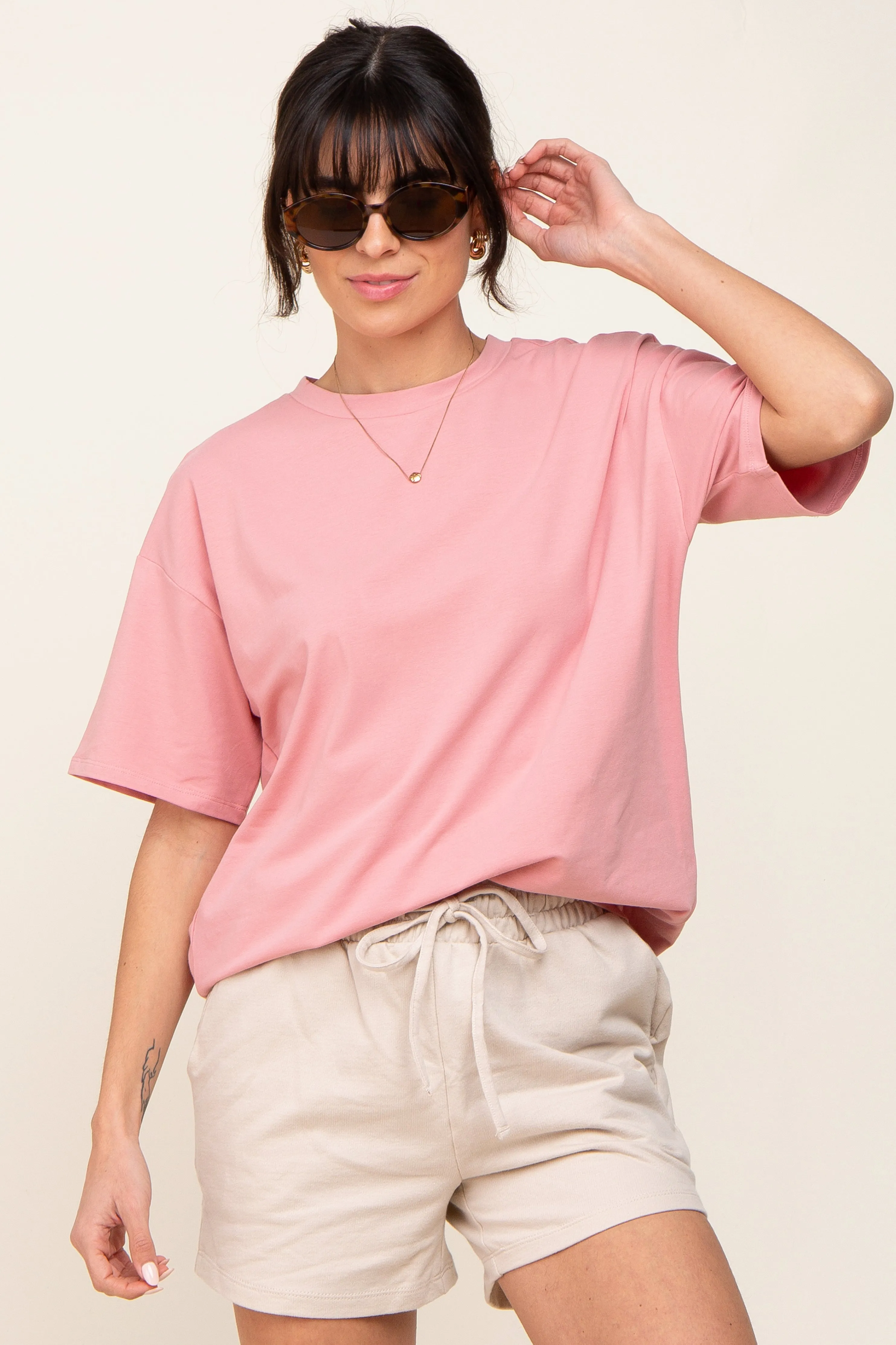 Pink Oversized Basic Maternity Tee