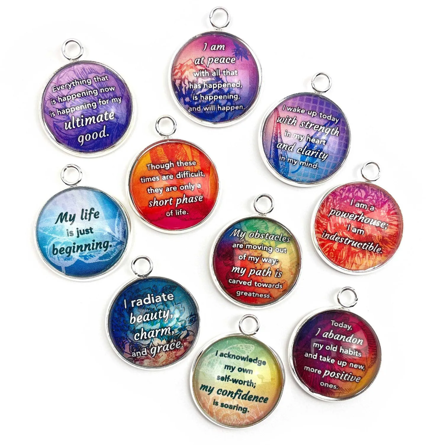 Positive Affirmations Colorful Charms - Wholesale Glass Charm Sets for Jewelry Making - 20mm - Bulk Designer Charms - Forgiveness, Strength, Courage, Beauty