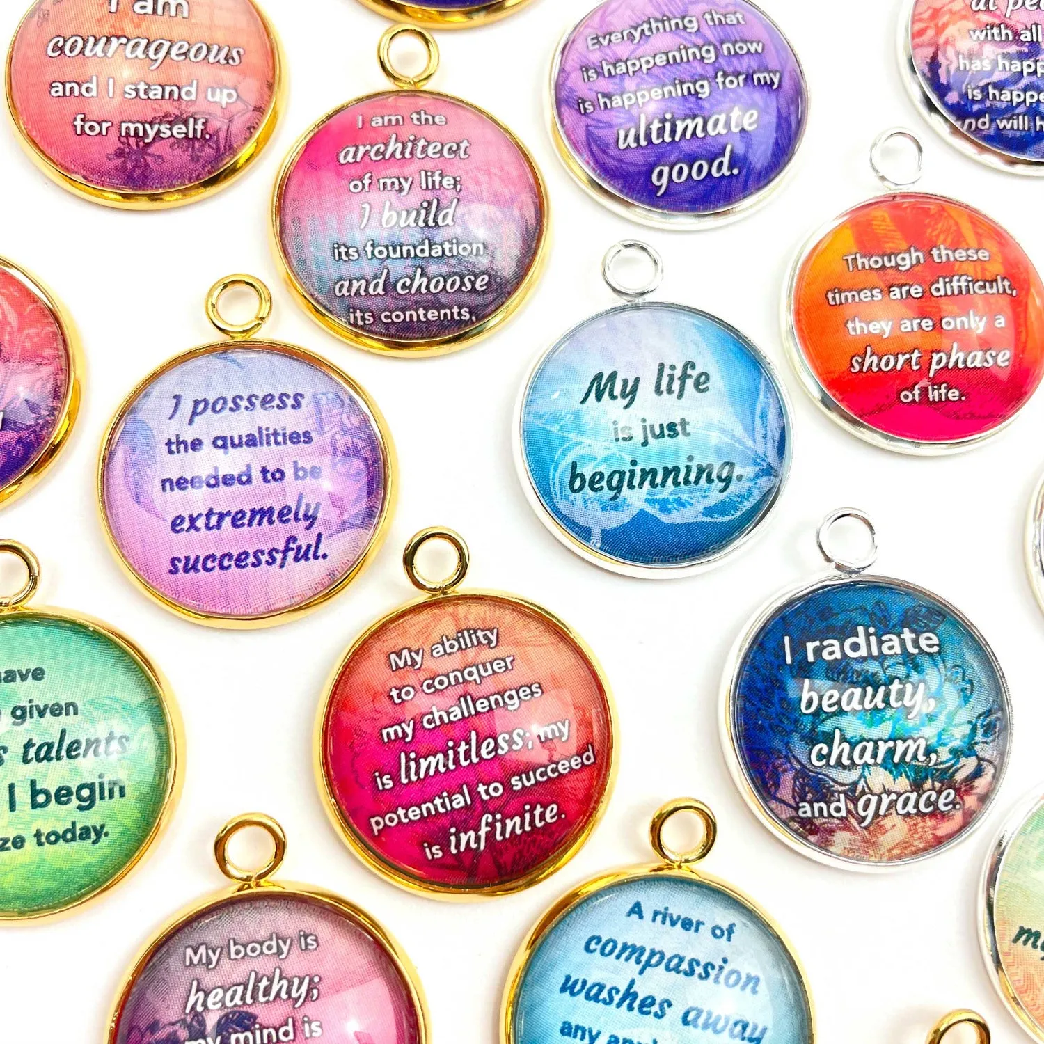 Positive Affirmations Colorful Charms - Wholesale Glass Charm Sets for Jewelry Making - 20mm - Bulk Designer Charms - Forgiveness, Strength, Courage, Beauty