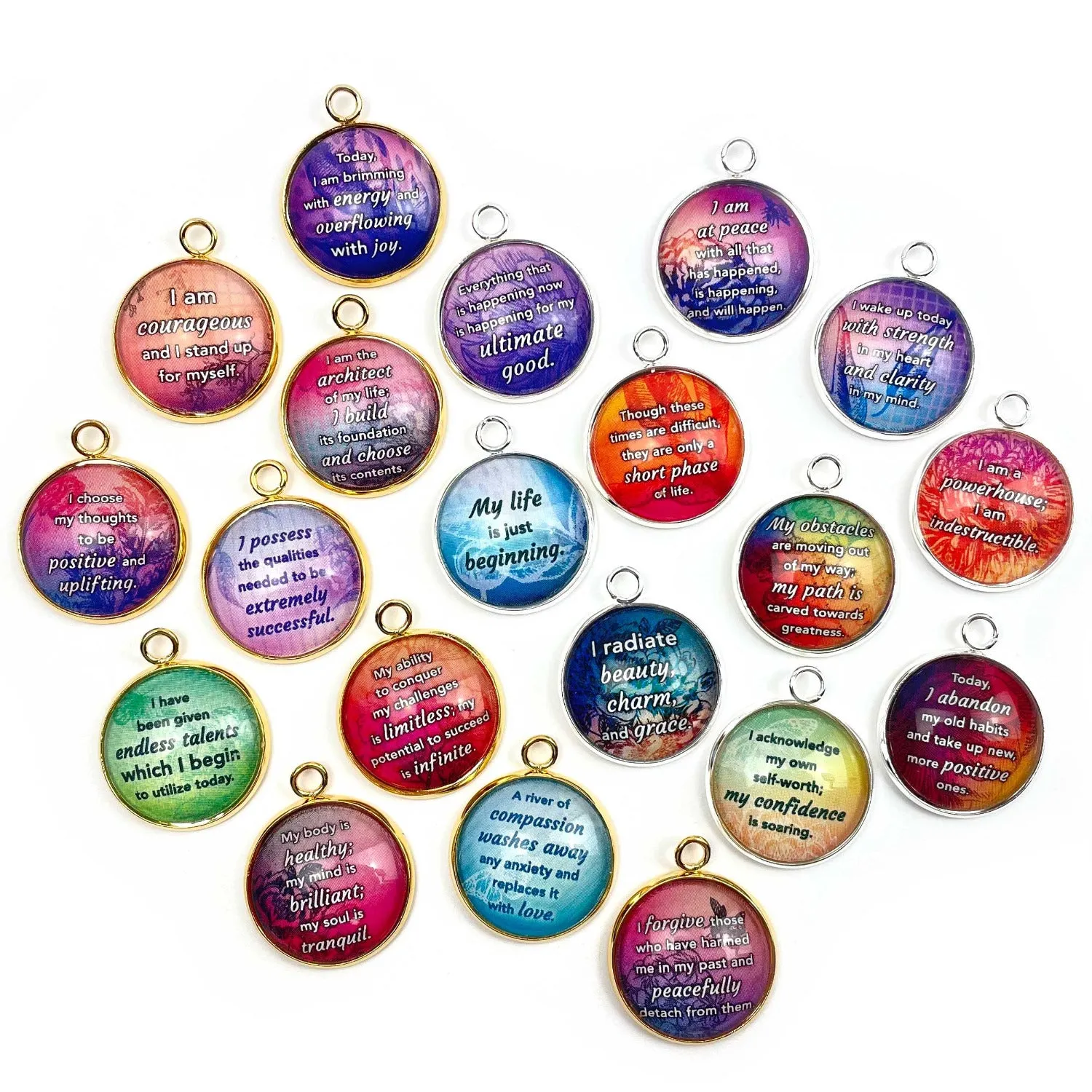 Positive Affirmations Colorful Charms - Wholesale Glass Charm Sets for Jewelry Making - 20mm - Bulk Designer Charms - Forgiveness, Strength, Courage, Beauty