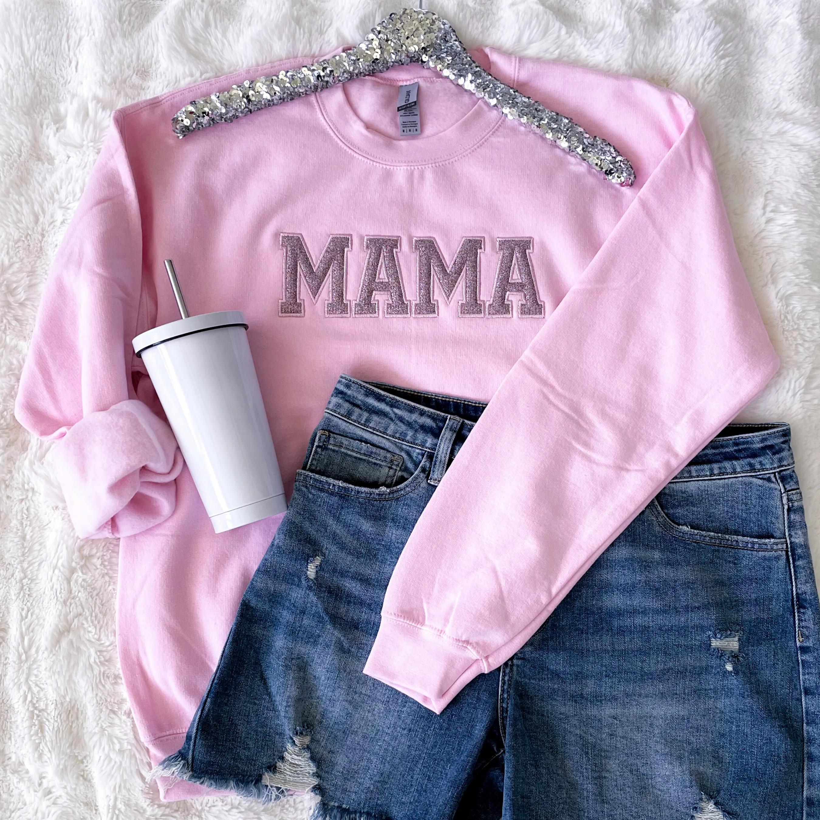 PREORDER: Mama Embroidered Glitter Sweatshirt in Pink