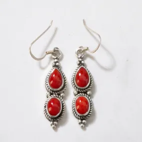 Red Coral Dangle Navajo USA Native American Made 925 Sterling Silver Earrings with French Hook