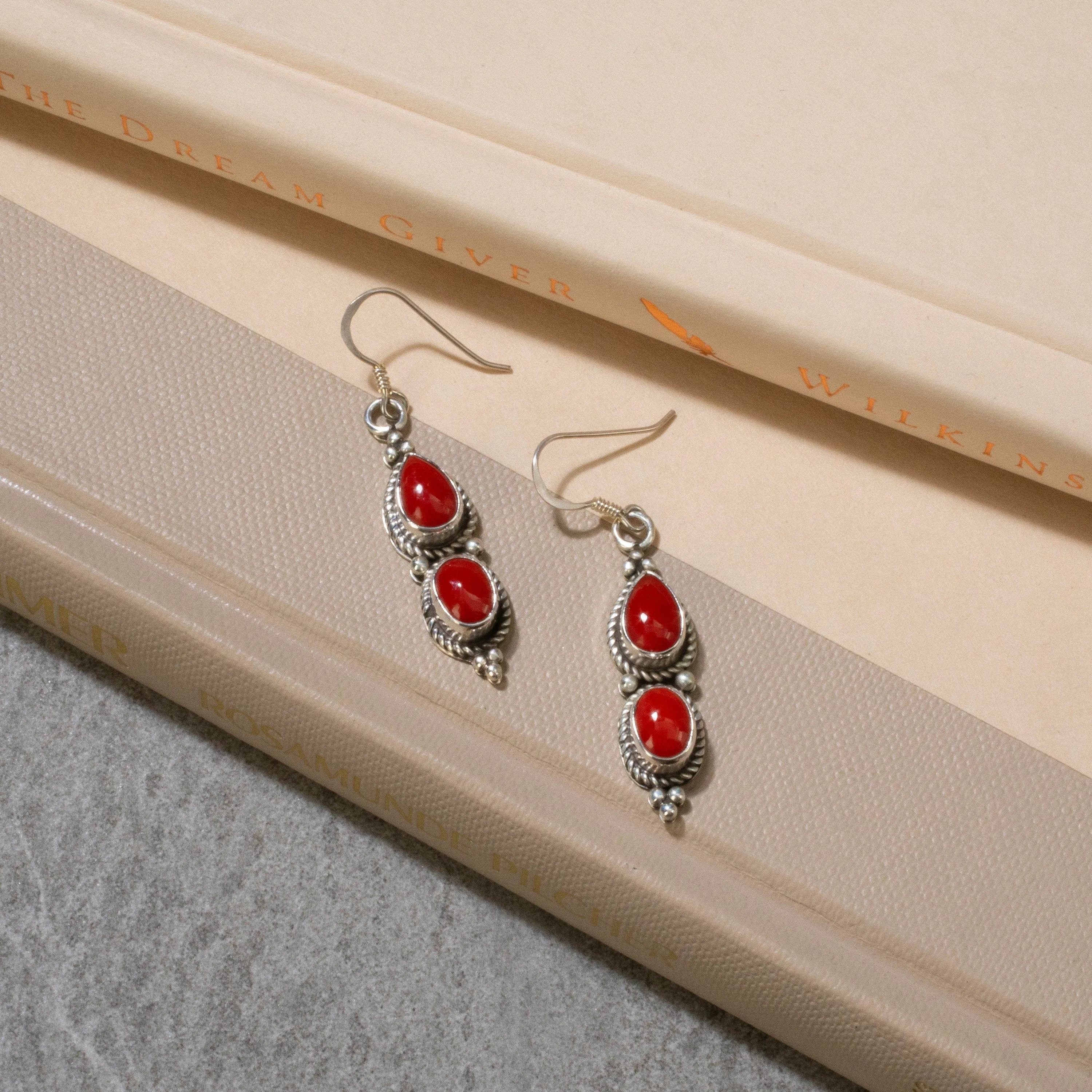 Red Coral Dangle Navajo USA Native American Made 925 Sterling Silver Earrings with French Hook