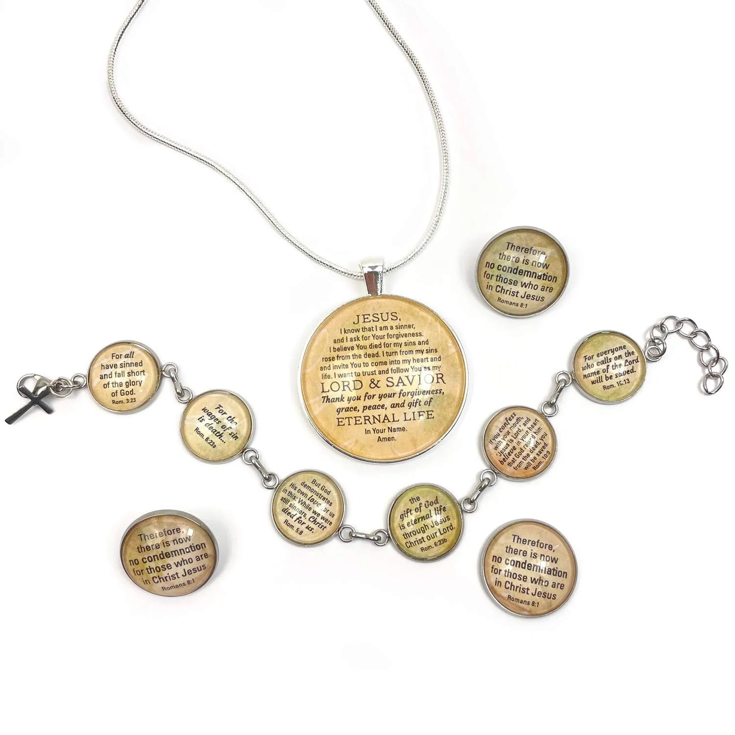 Romans Road to Salvation Scripture Jewelry Set – Sinner's Prayer Necklace – Romans Lapel Pin – Share the Gospel