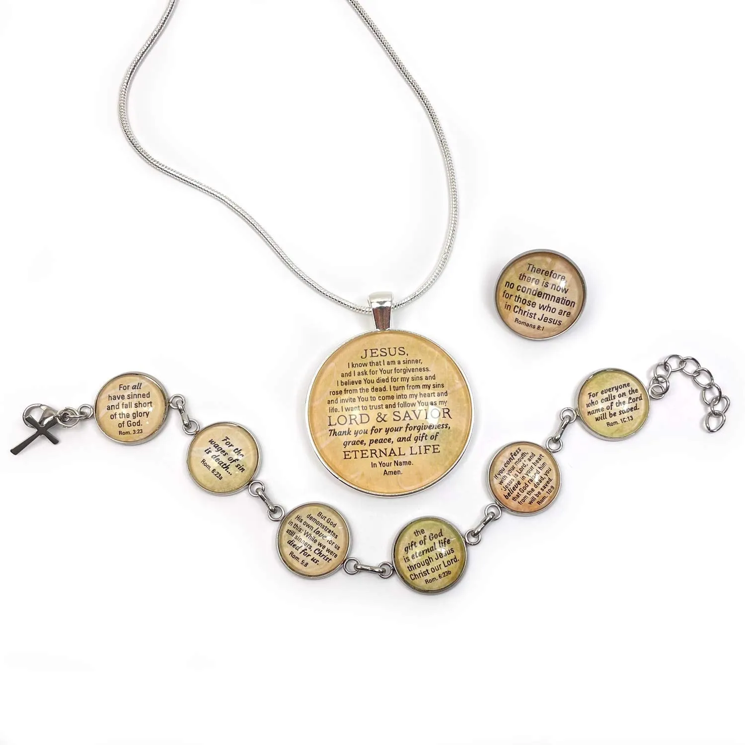 Romans Road to Salvation Scripture Jewelry Set – Sinner's Prayer Necklace – Romans Lapel Pin – Share the Gospel