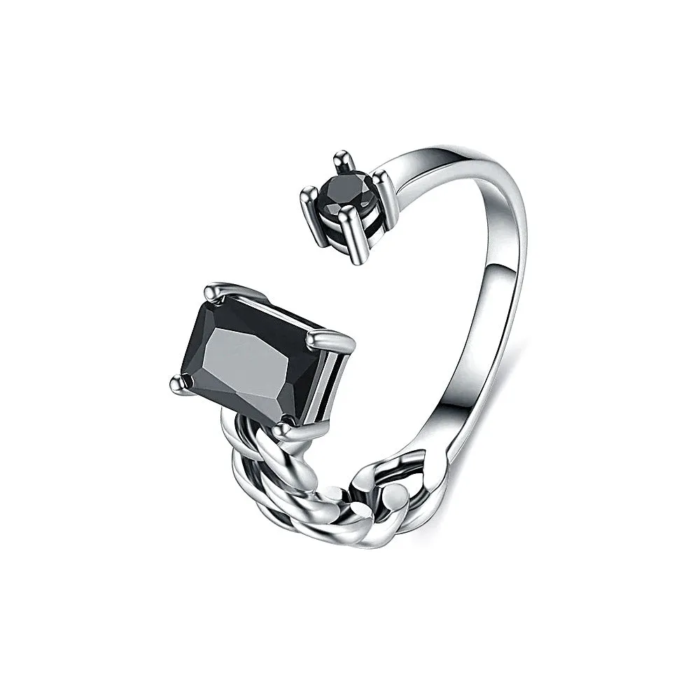 S925 Sterling Silver Black Square Diamond Toi et Moi Ring