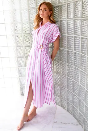 Smithy Sash Waist Linen Shirt Dress Pink Stripe