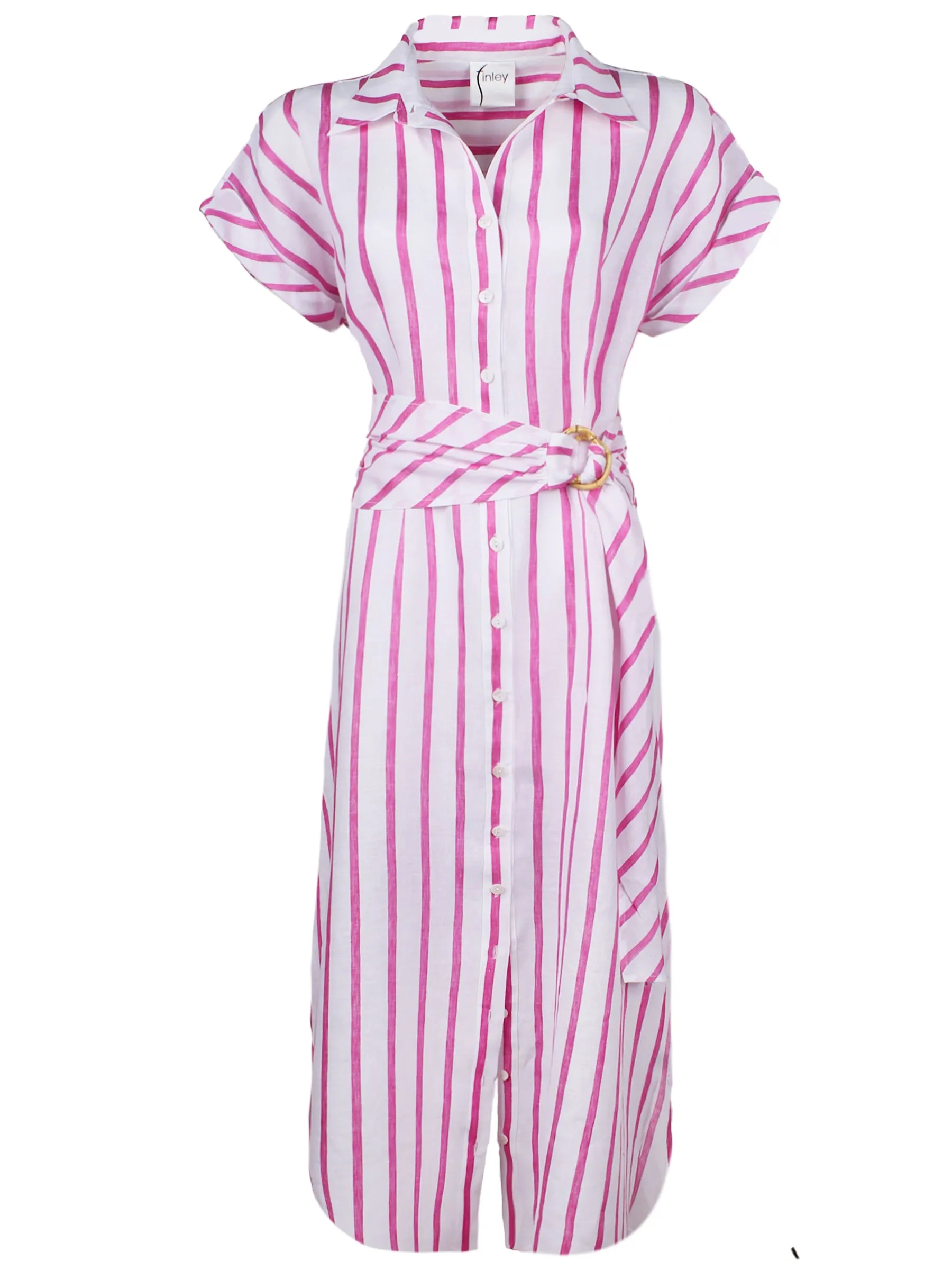 Smithy Sash Waist Linen Shirt Dress Pink Stripe